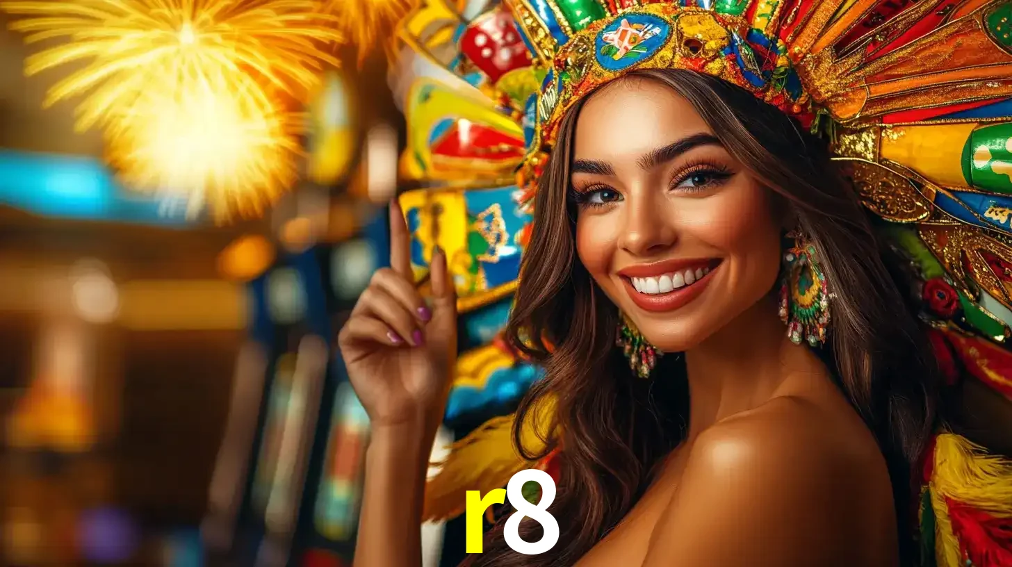 Mulher sorridente com um cocar de carnaval vibrante e colorido, celebrando uma grande vitória nos jogos do cassino r8 com fogos de artifício ao fundo.
