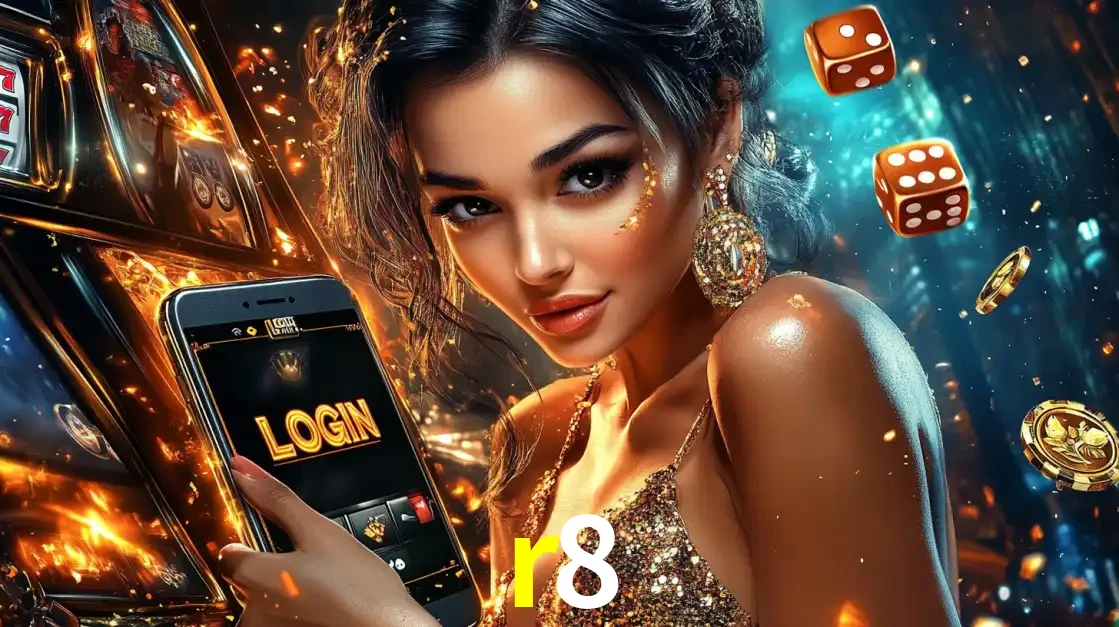 Mulher glamourosa segurando um celular com a tela de login do cassino r8, rodeada por dados e moedas douradas, pronta para começar a diversão.