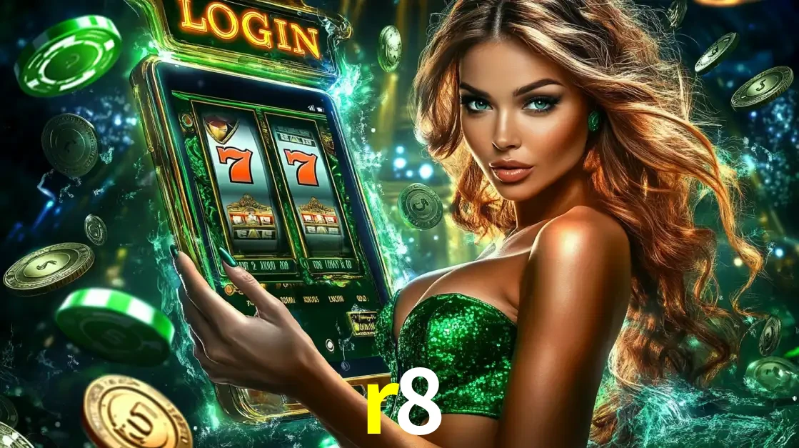 Mulher com tema verde apresentando o aplicativo do cassino r8 com um jogo de slot de 777, cercada por fichas de cassino e uma aura de sorte.