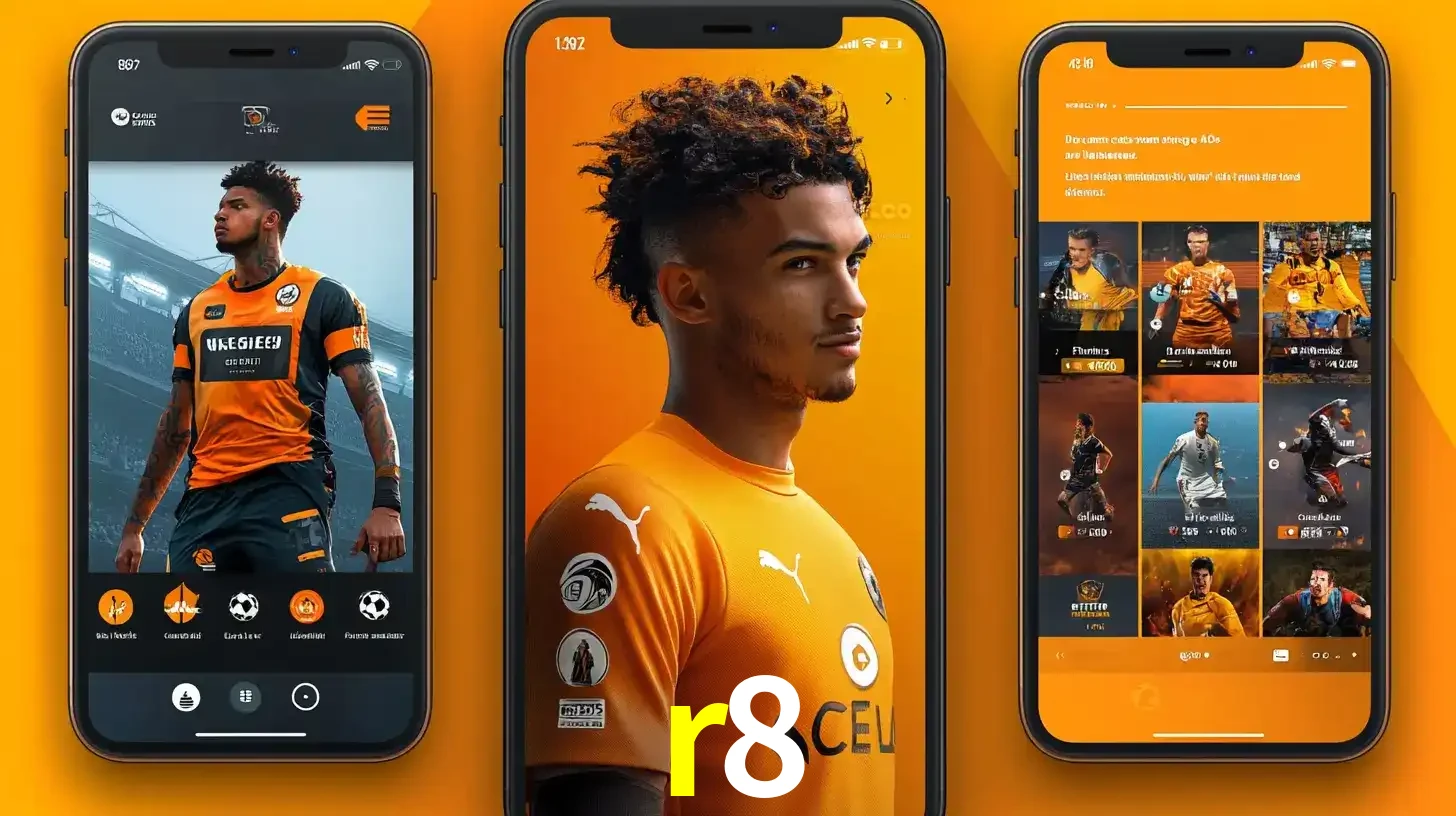 Interface do aplicativo de apostas esportivas r8 em três telas de celular, mostrando o perfil de um jogador de futebol e a lista de jogos disponíveis para apostar.
