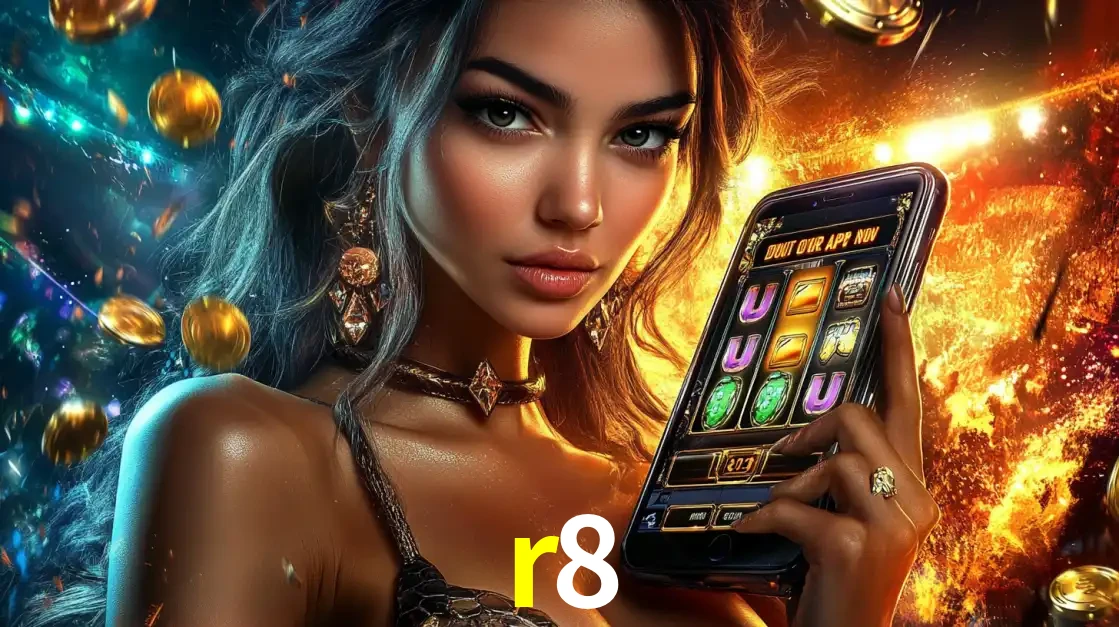 Mulher elegante mostrando um jogo de caça-níqueis em seu smartphone, destacando a experiência de cassino móvel oferecida pelo aplicativo r8.