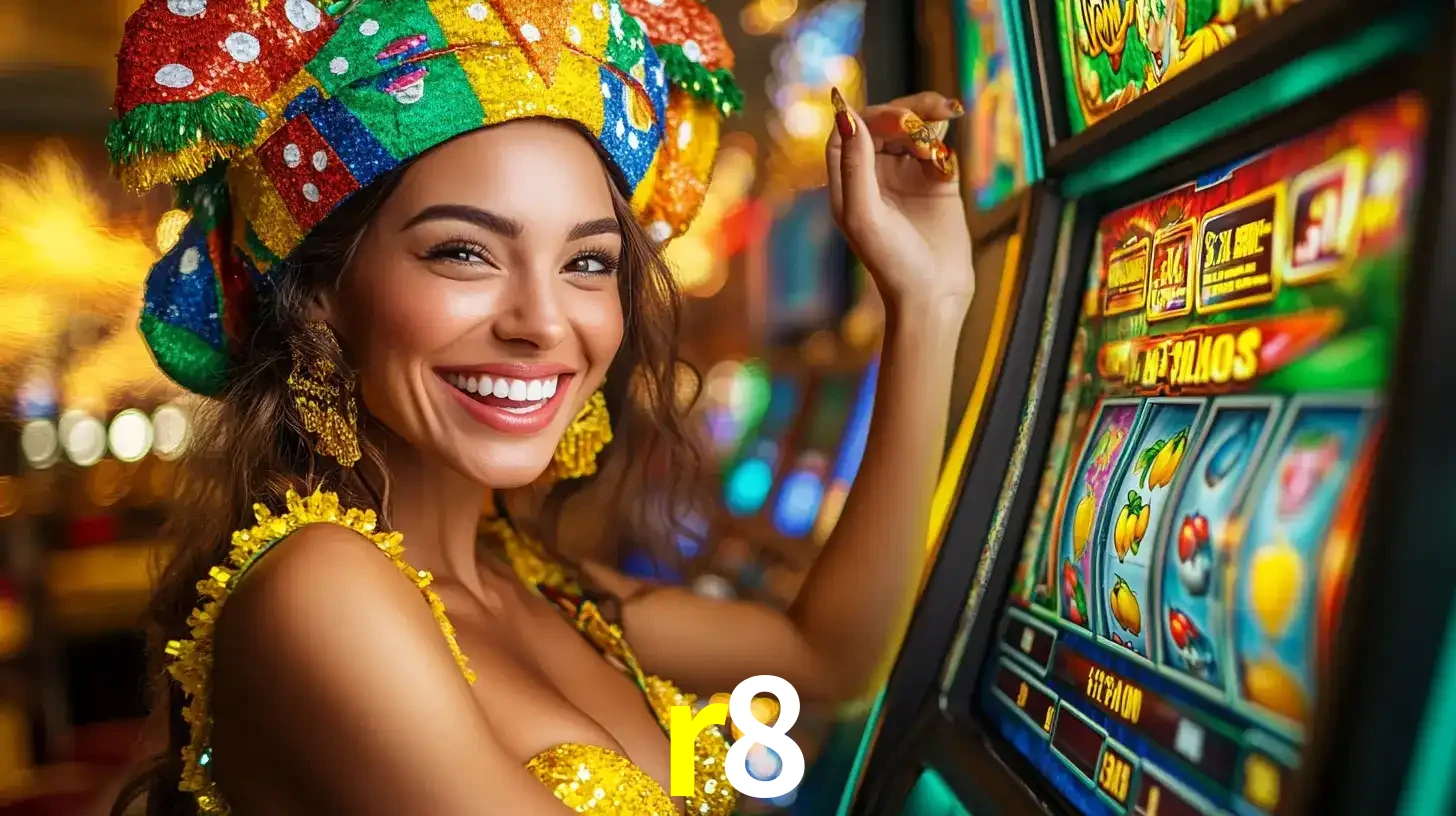 Mulher feliz com traje de carnaval amarelo e colorido ao lado de uma máquina de caça-níqueis, aproveitando a diversão e os jogos temáticos do cassino r8.