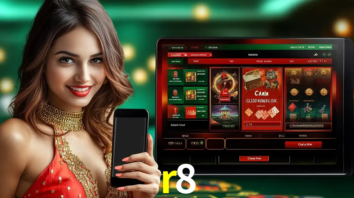 Mulher sorridente segurando um smartphone, ao lado de uma tela exibindo o lobby de jogos do cassino online r8, com várias opções de jogos de cartas e slots.